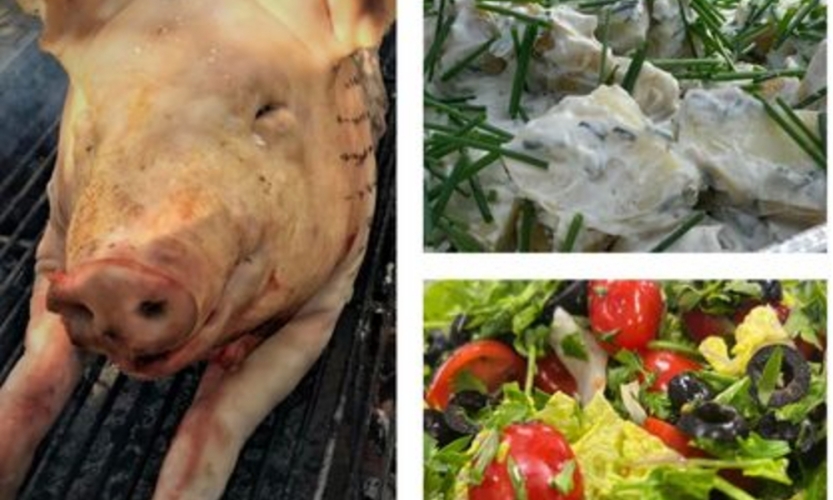 Helstegt pattegris der ligger på grillen, med kartoffelsalat med purløg og Sprød romainesalat med persille, Cherry tomat sorte oliven