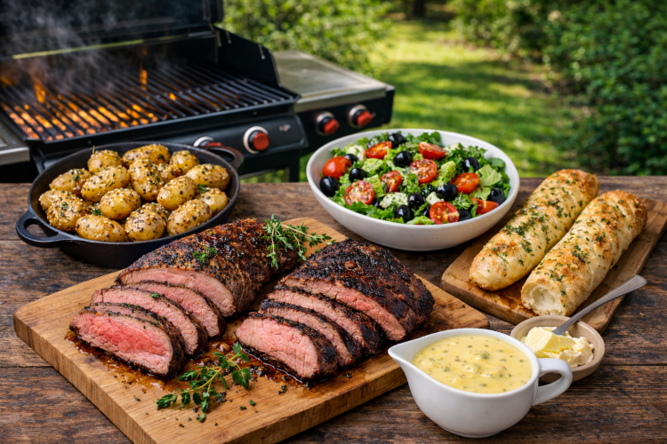 Grillemenu af Grillet oksecuvette med timian (Sous vide), Grillet kalveculotte med røg smag, Små petit kartofler med sesamfrø, Sprød romainesalat med persille, Cherry tomat, sorte oliven,-  eddike dressing & hvidløg/eddike dressing, Bearnaisesauce, Hjemmebagt flüte med krydderurter & smør