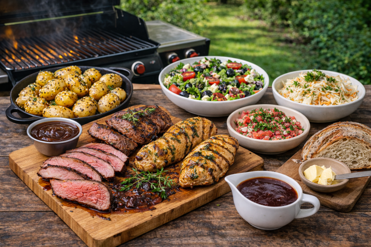 Grillet okseflank med hjemmelavet Barbecuesauce, Grillet lammeculotte marineret i hvidløg/timian, Grillet kylling bryst marineret i pesto, Små petit kartofler vendt med sesam, Broccolisalat med bacon, rødløg, solsikkekerner & dressing, Melonsalat med feta, rødløg, persille &- ristede solsikkekerner på toppen. Coleslaw med persille på toppen, Rødvinssauce, Groft møllehjul med smør